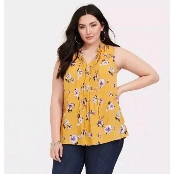 Torrid EUC Yellow Floral Challis Tie Front Tank Blouse Size 4X - Picture 1 of 7